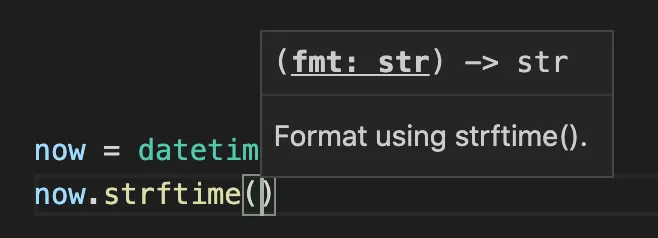 An IDE showing the docstring for the strftime function in a tooltip.