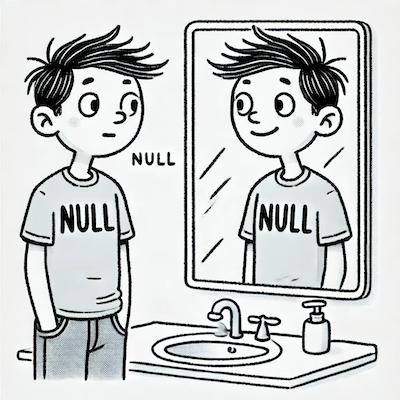 A Dall-E generated cartoon of a man wearing a shirt labeled Null, looking at his own mismatched reflection.