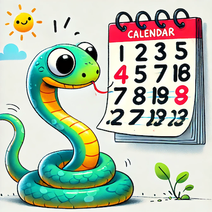 Dall-E generated image of a snake struggling to read a calendar